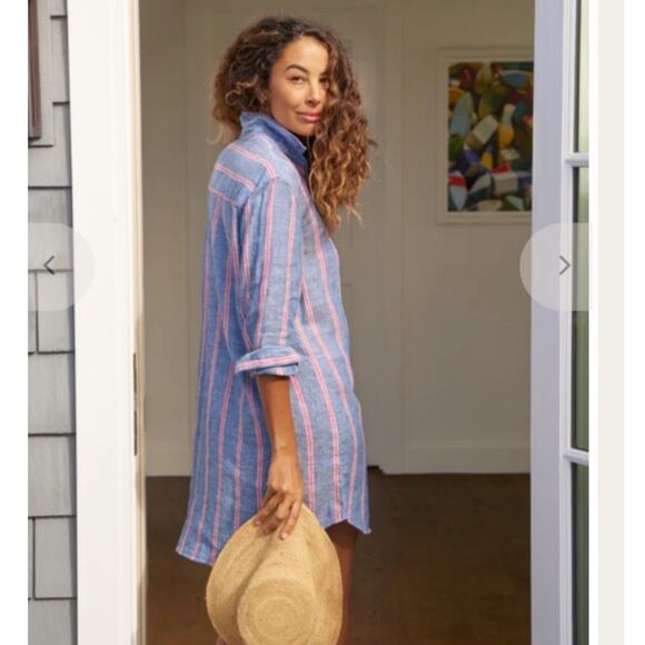 Frank & Eileen Mary Classic Shirtdress Italian Linen Red Navy Stripe Size Large - Picture 8 of 14